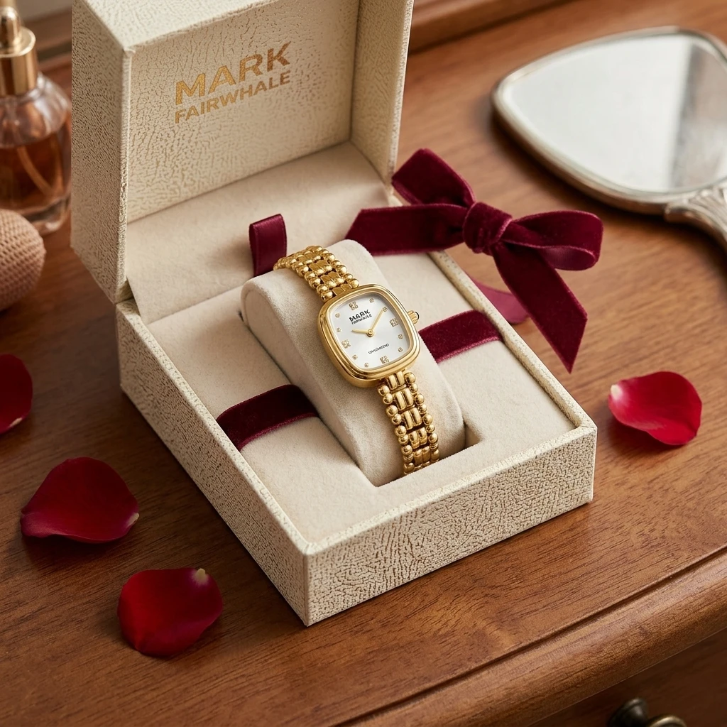 MARK FAIRWHALE Ladies Quartz Watch Oval Case Rhinestone Dial Beaded Metal Bracelet Elegant Female Dress Wristwatch