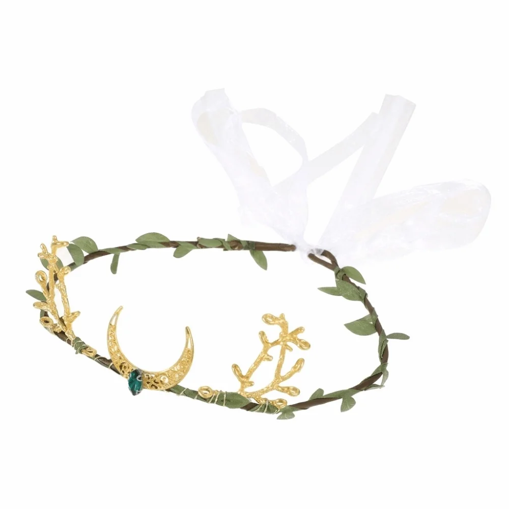 Flower Vine Elven Crown Fantasy Rhinestone Decorated Elf Tiara Head Band Simulate Tree Leaves Fairy Headpiece Hallowmas Cosplay