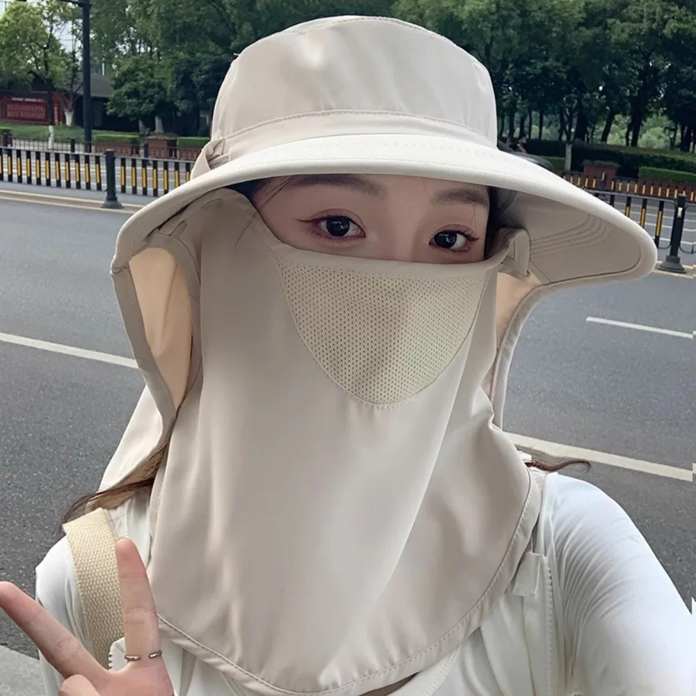 Sun Protection Fisherman Shawl Hat with Ponytail Hole Detachable Face Mask Sun Protection Cap Breathable Mountaineering Cap