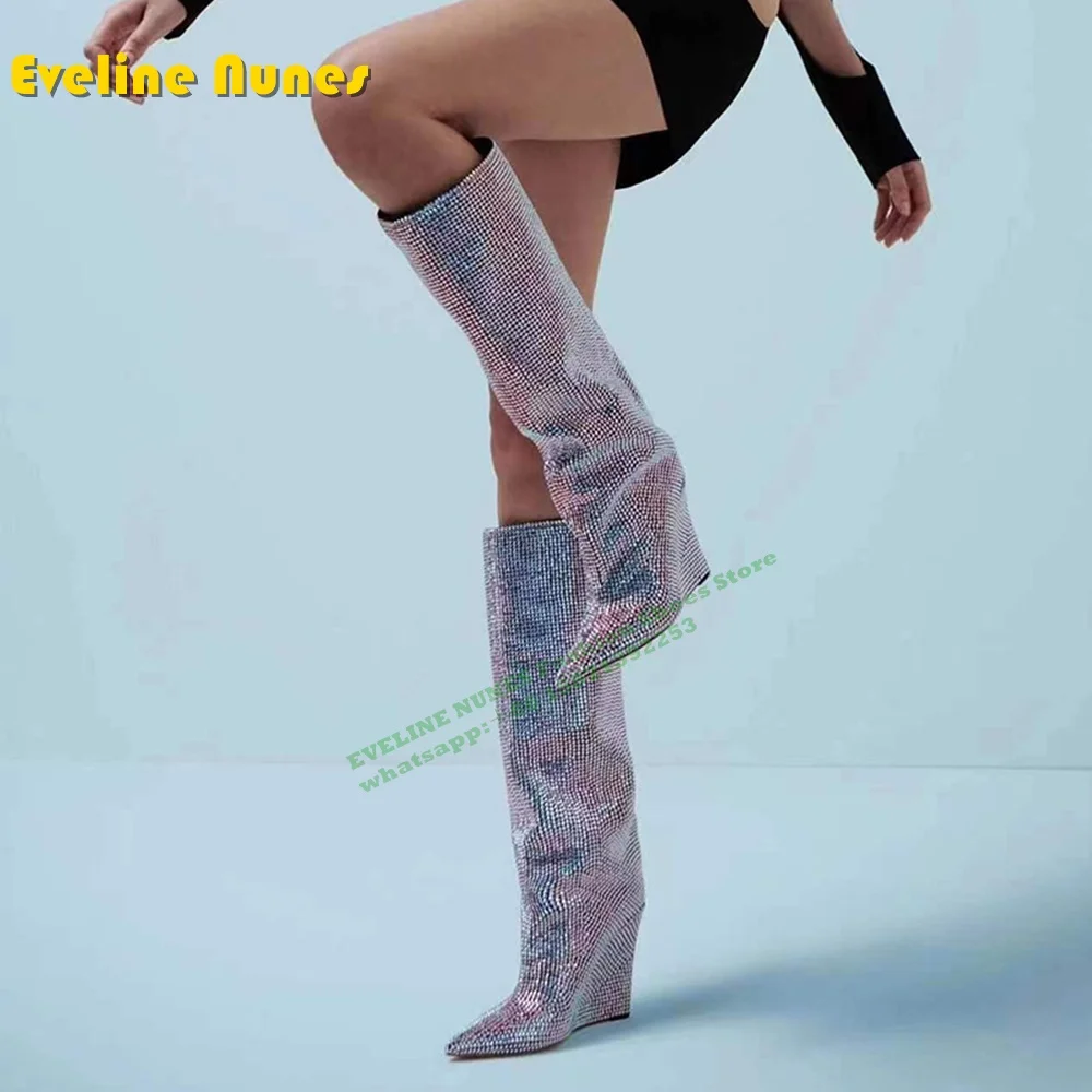 Sexy Crystal-Embellished Suede Knee Boots Pointed Toe Wedges Pull On Runway Show 2024 Winter Knee High Boots Street Style Trend