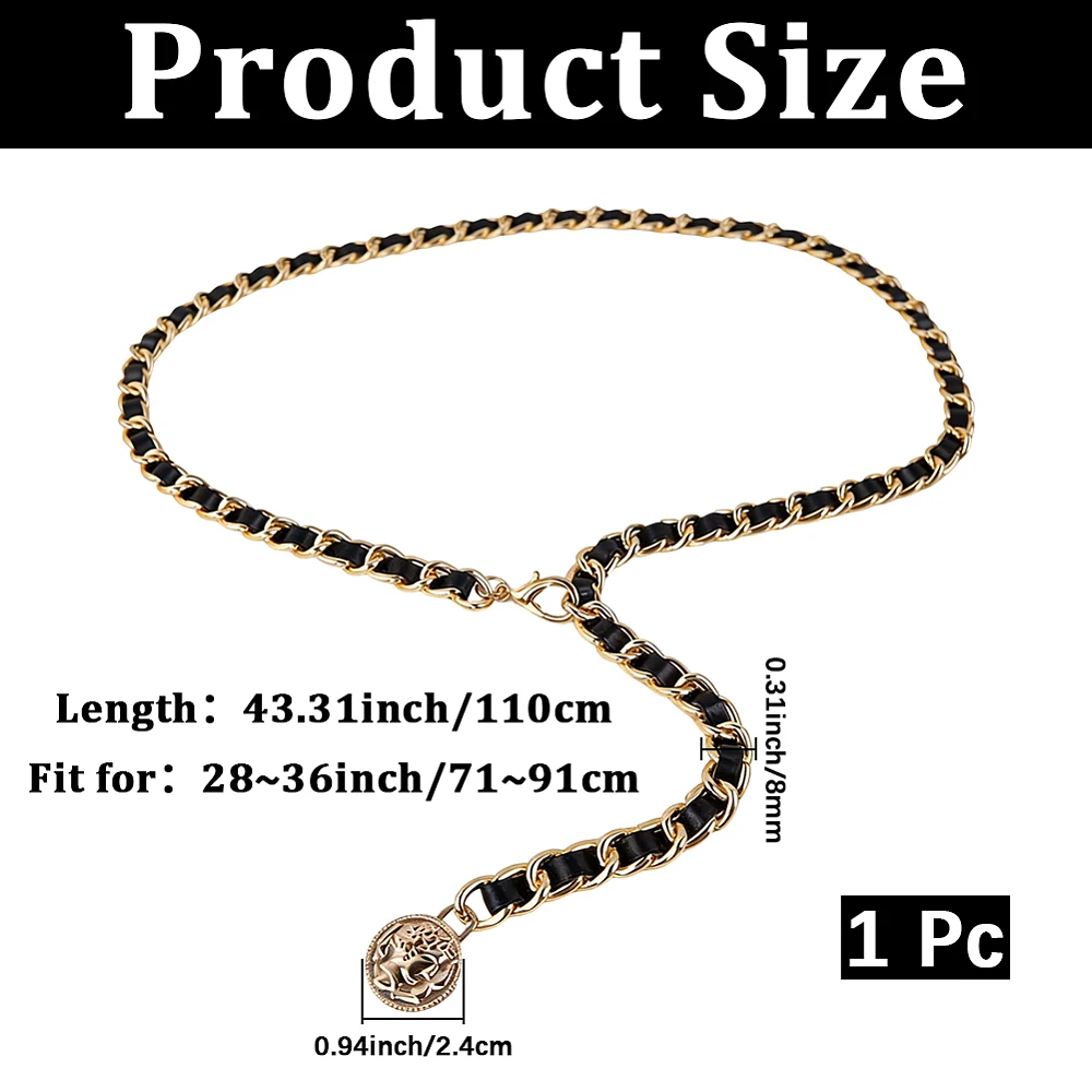 1.1m PU Leather Chain Belt Black Golden Adjustable Waist Chain Thin Woven
