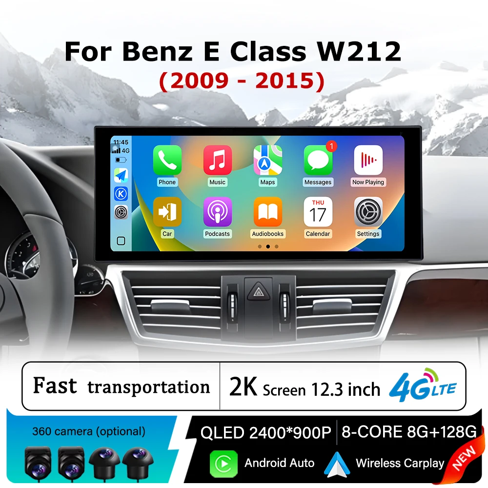 Carplay Android 14 for Mercedes Benz E Class W212 2009 - 2015 QLED Car Stereo Radio Multimedia Display GPS Navigation WiFi BT