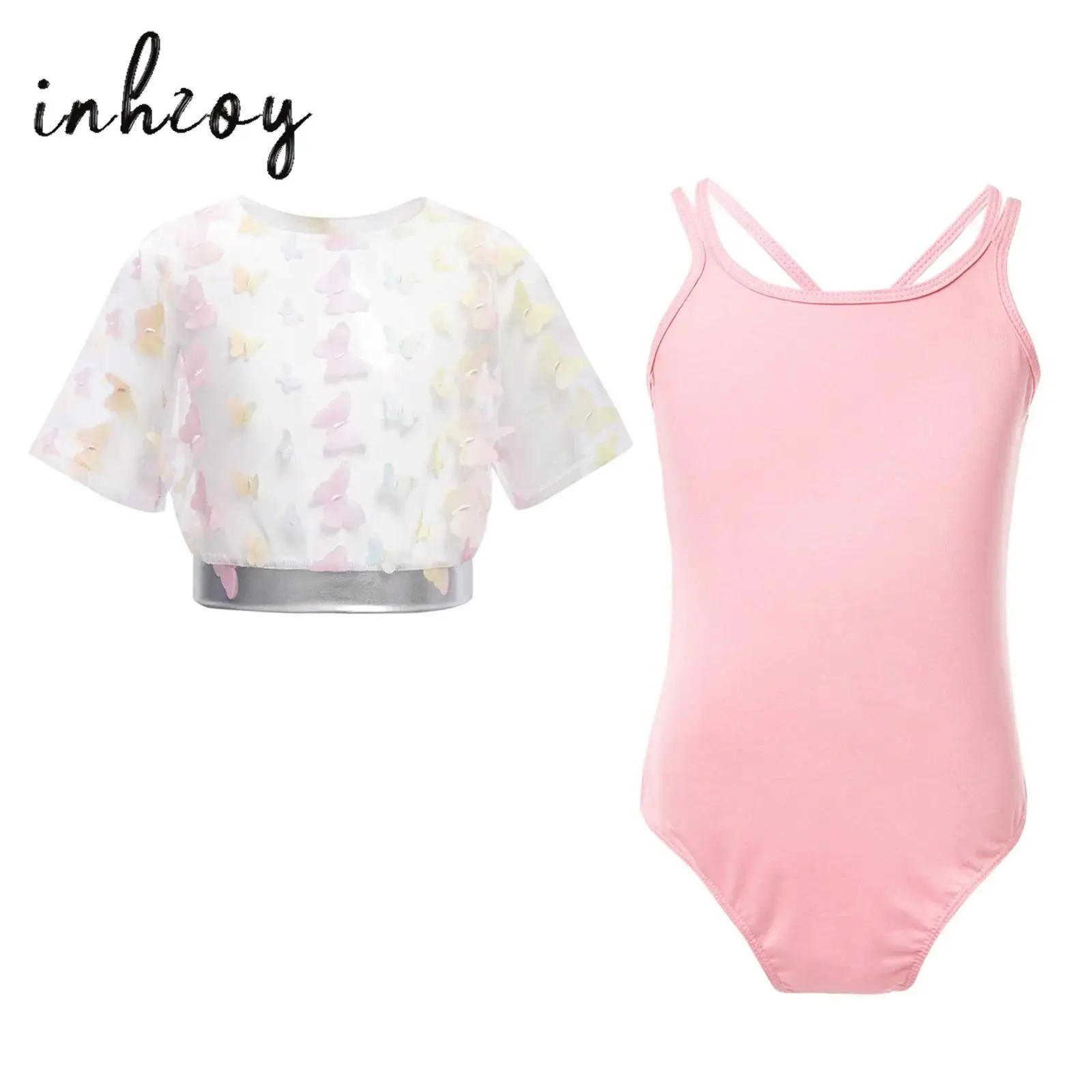 

Kids Girls Gymnastics Ballet Leotard Outfits Butterfly Sheer Mesh Short Sleeve Crop Top+Bodysuit for Figure Skating Workout 2Pcs