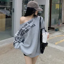 Hot Spicy Girls Hoodies Street Fashion Letter Print Women Tops Pullover Skew Collar Off Shoulder Long Sleeve Loose Sweatshirt