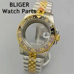 BLIGER 40mm Two Tone Silver Gold Diver GMT Watch Case Sapphire Glass Fit NH34 NH35 NH36 Miyota DG ETA2824 2836 PT5000 Movement