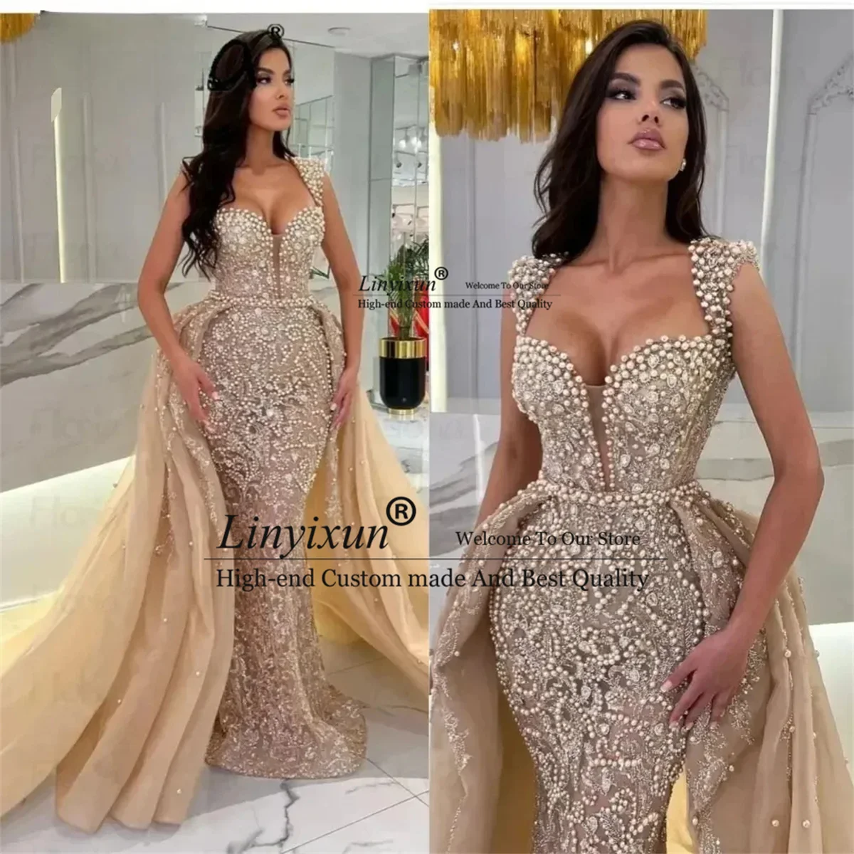 

Elegant Detachable Trailing Cap Sleeve Evening Dress Pearls Beads Dubai Arabic Mermaid Prom Dress Customized فساتين سهر