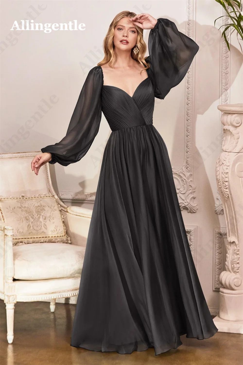 Allingentle Chiffon Bridesmaid Dress for Women 2024 V-Neck Long Sleeves Evening Formal Gowns A-Line Floor Length Robes De Soirée