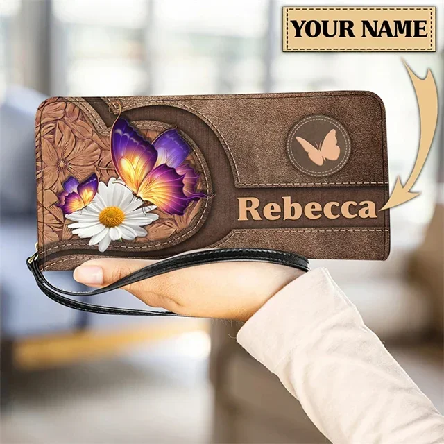 

Wristlet Wallets for Women Butterfly with Daisy Print Leather Zipper Card Holder Female Cute Long Purse Clutch Money Bags Custom