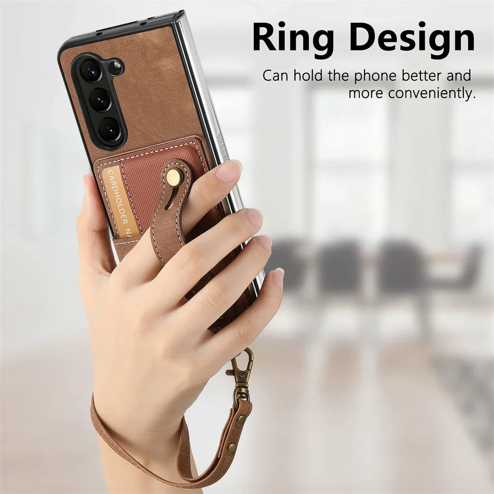 Wrist Strap PU Leather Stand Phone Case For Samsung Galaxy Z Fold 6 5 Fold6 Fold5 5G Wallet with Card Holder Shockproof Cover