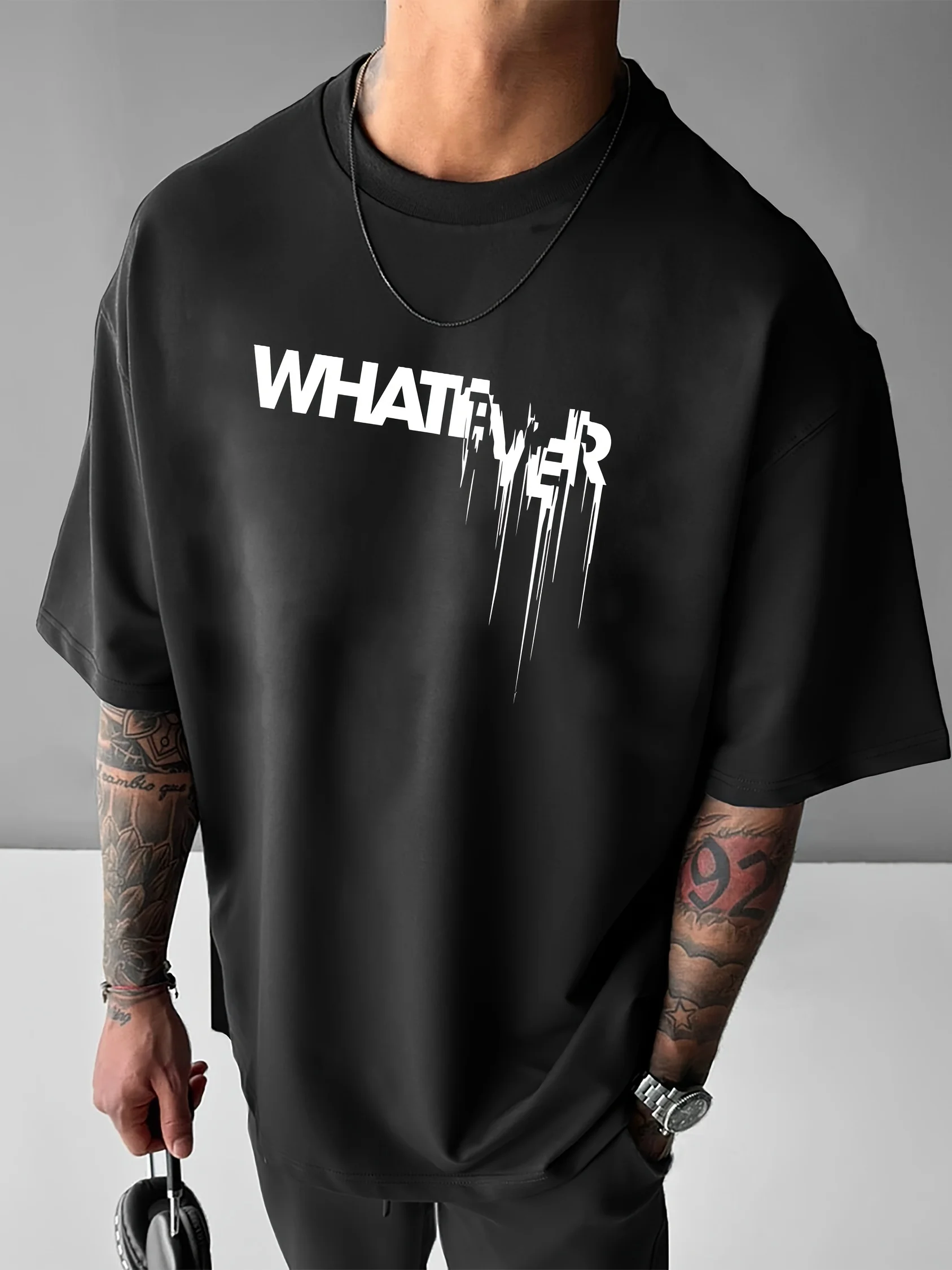 Men's 100% pure cotton summer loose fit WHATEVER letter pattern printed casual and comfortable round neck short sleeved T-shirt