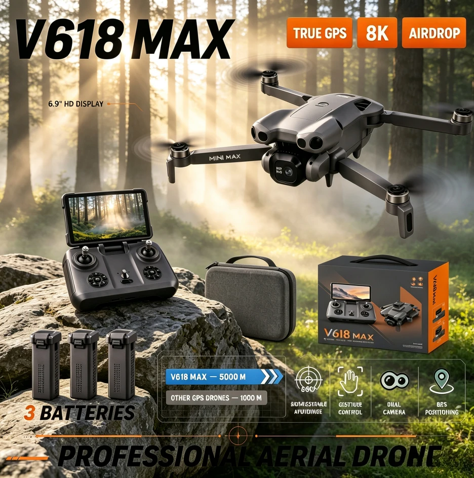 [Brand+] V618 MAX GPS Foldable Drone 6.9 Inch Screen 4K UHD Brushless Airdrop 5G FPV Dual Camera Professional Aerial Photography