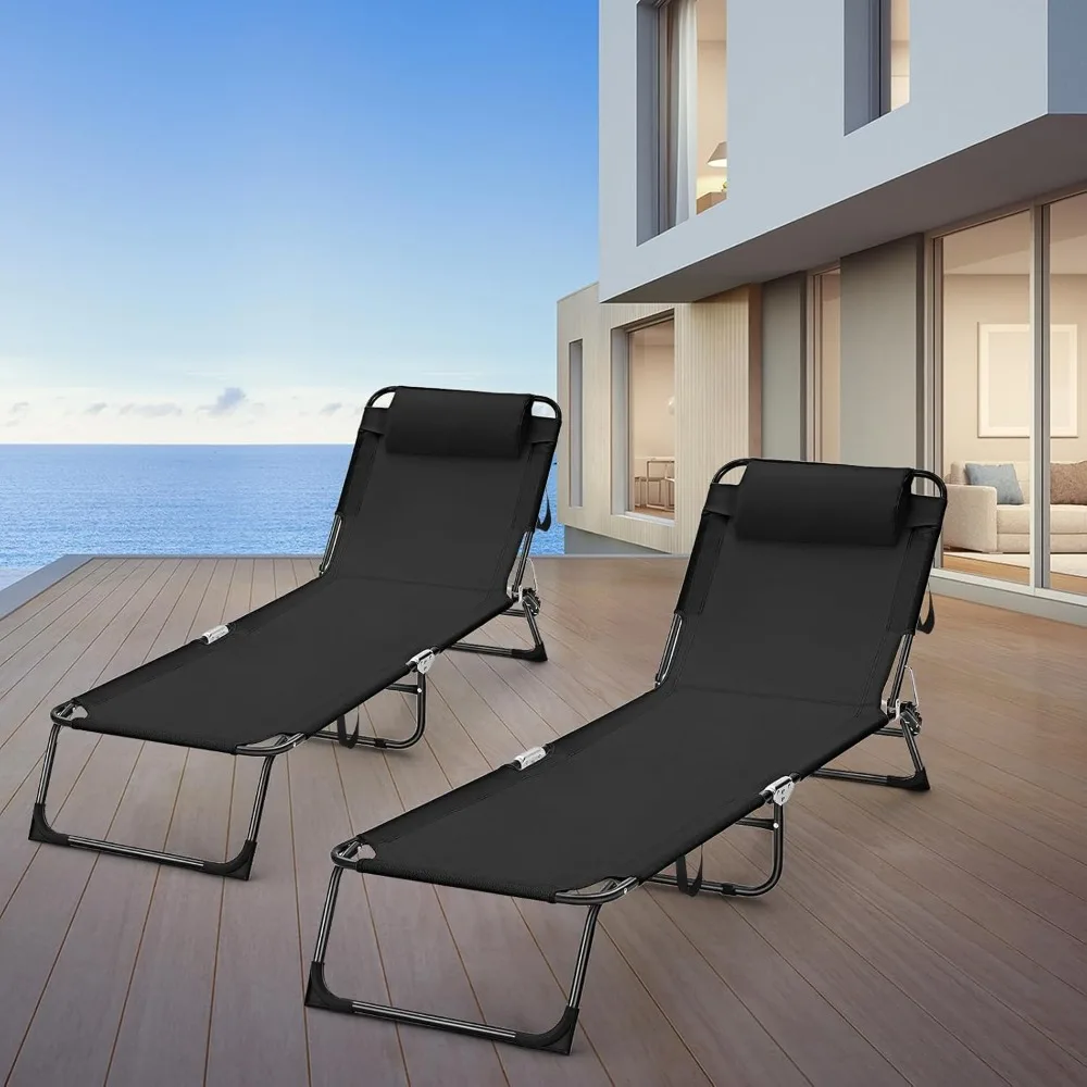 

XMSJ 2 Pack Folding Chaise Lounge Chairs Outdoor Sun Tanning Chair for Outside Foldable Beach Chair with Pillow 5 Position Recli