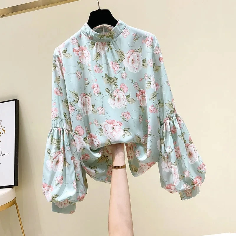 Fashion Spring Lantern-sleeve Blouse Women Long-Sleeve Printed Chiffon Shirt Summer Loose Overshirt Streetwear Tops Chic Shirts