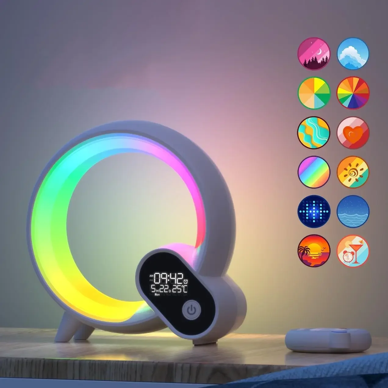 

In Stock Multi-Functional RGB 10W Atmosphere Light Wireless Speaker Sunrise Wake-Up Lamp Digital Display Alarm Clock