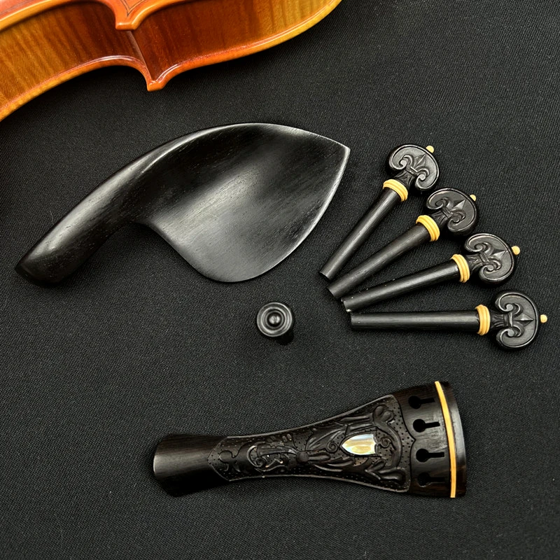 1 set violin 4/4 Carved patterns ebony wood accessories parts fittings,Tailpiece+Tuning pegs+Endpins+Chin rest/Chin Holder