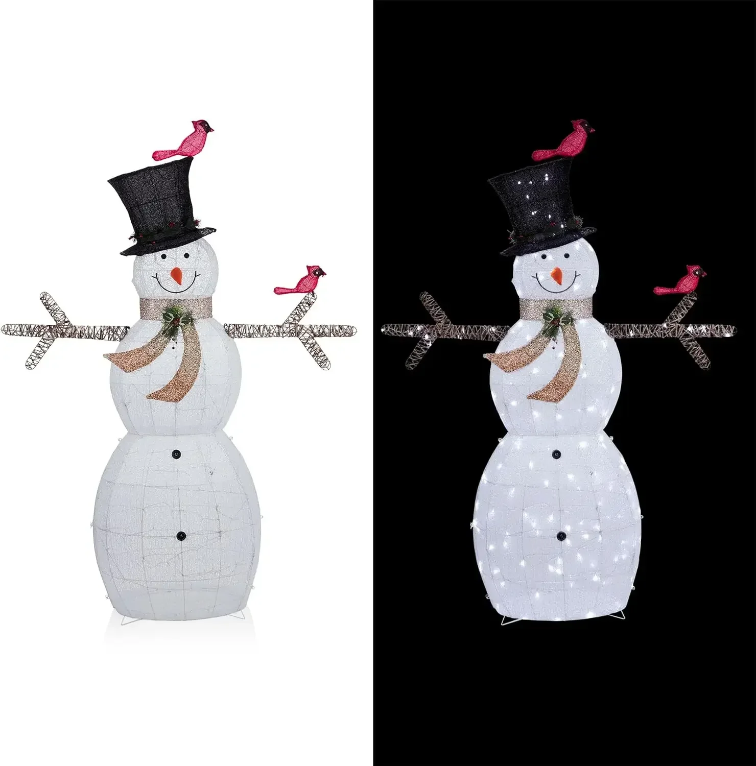 Alpine Corporation Large White Mesh Snowman Decoration with Bird Accents and LED Lights