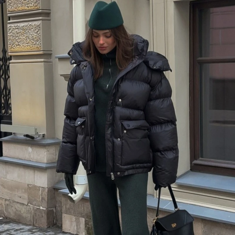 TARUXY Solid Hooded Cotton Clothes Coat Women's Fashion Stand Collar Long Sleeves Pocket Thick Jacket Winter Commuting Cotton