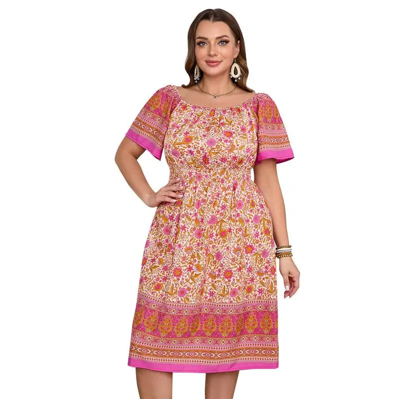 Beach Vaion n Sle Damen Dr. Or Sve Blumendruck Ele Dr Sommersaison Polyesterstoff