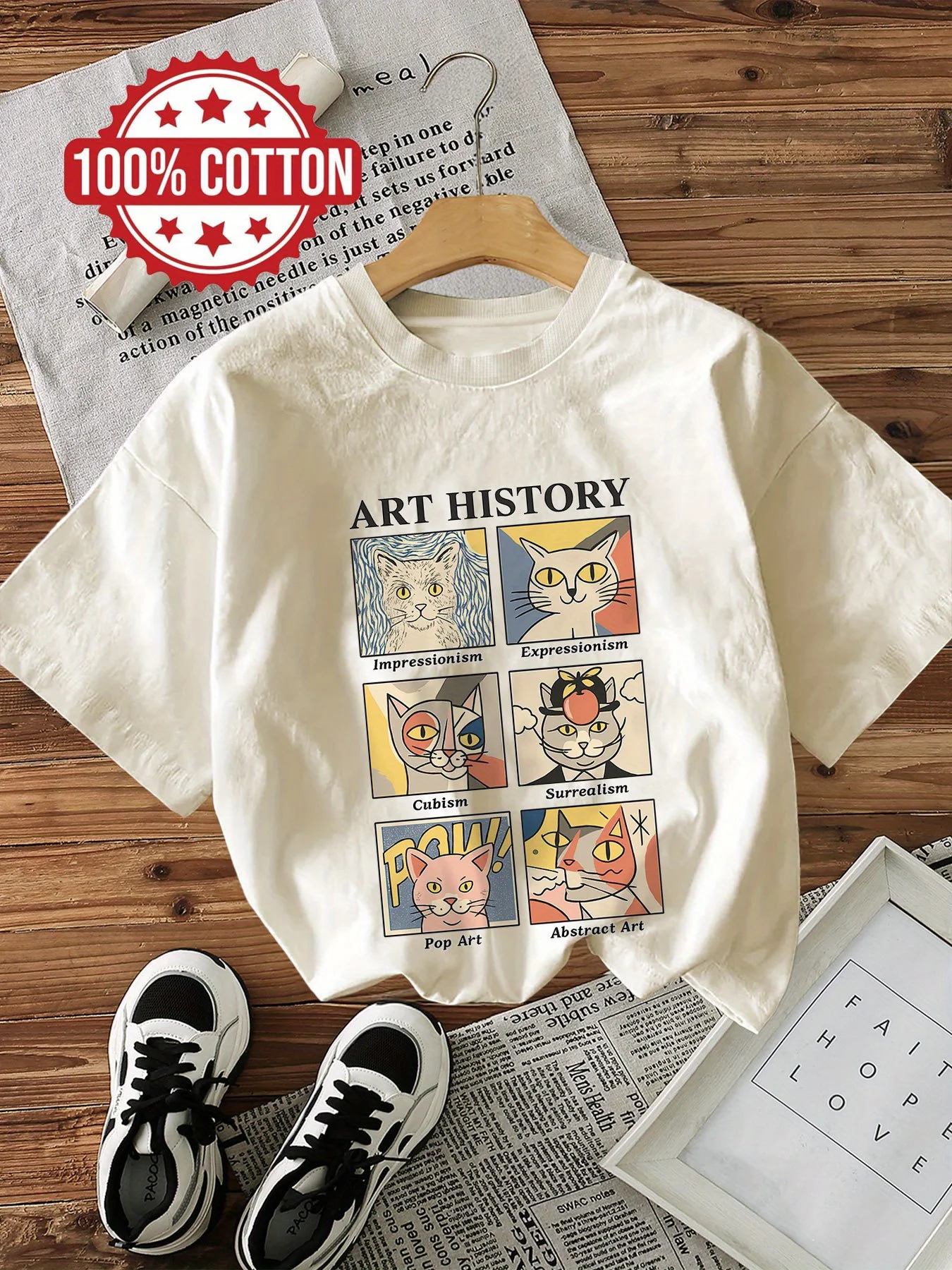 Art History Impressionism Graphic Top Casual Loose Round Neck Women's T-Shirt Short Sleeve Cotton Tee Illustrations Cat T Shirts