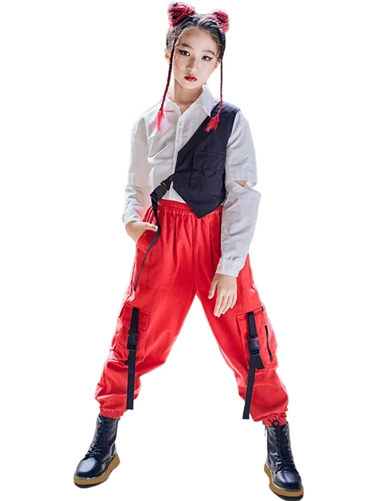 2025 New Fashion Hip-Hop Clothes Girls Jazz Dance Performance Costume Cropped White Shirt Red Loose Pants Street Dance Wear