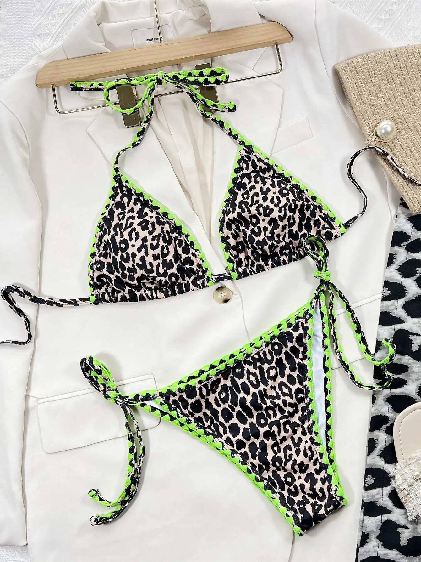 Women's Sexy Leopard Bikini Set Two Pieces Halter Swimwear Side Tied Thong Backless Summer Beachwear Bathingsuit image 4