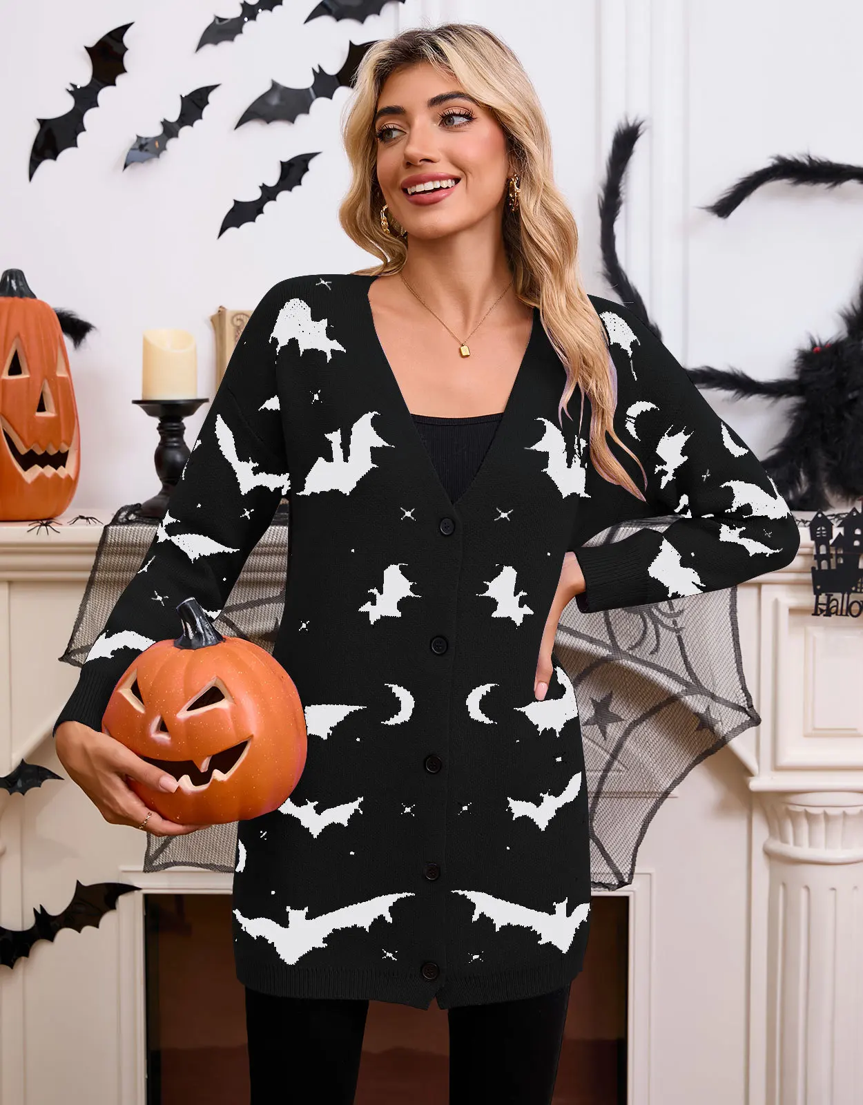 WackDaria Women Cover Up Halloween Style Long Sleeve UV Protection Pumpkin Knitted Bathing Suit