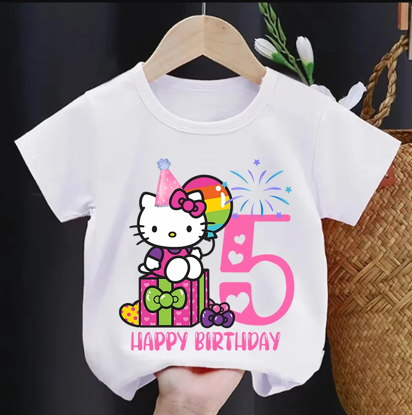 Hello Kitty Birthday Number T-shirt Short Sleeve Tee Summer Kids White Top Clothes Girls T-Shirts Children Cotton Cute T Shirt view 5