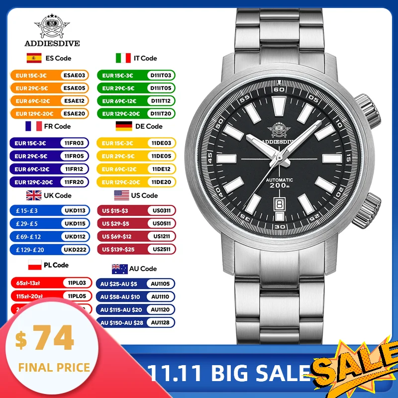 

ADDIESDIVE AD2093 Япония Автоматический механизм 8215 Мужские часы для дайвинга Сапфировое стекло 200 м Водостойкий браслет из нержавеющей стали