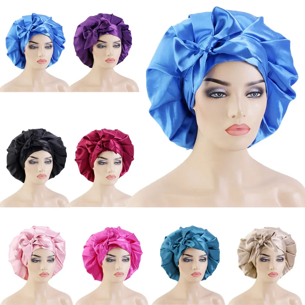 ขนาดใหญ่พิเศษแอฟริกันผู้หญิงซาติน Bonnet Night Sleep CAP วงกว้าง HEAD Wrap Hair Care ผ้าพันคอหมวก Sleeping Headwear Turban ฝาครอบ