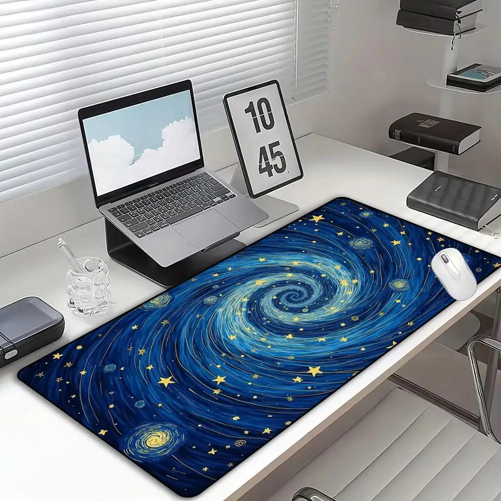 Starry Night Van Gogh Art Large Mouse Pad Non-Slip Rubber Base Blue Swirl Star Extended Gaming Mouse Mat Art Decor Desk Mousepad