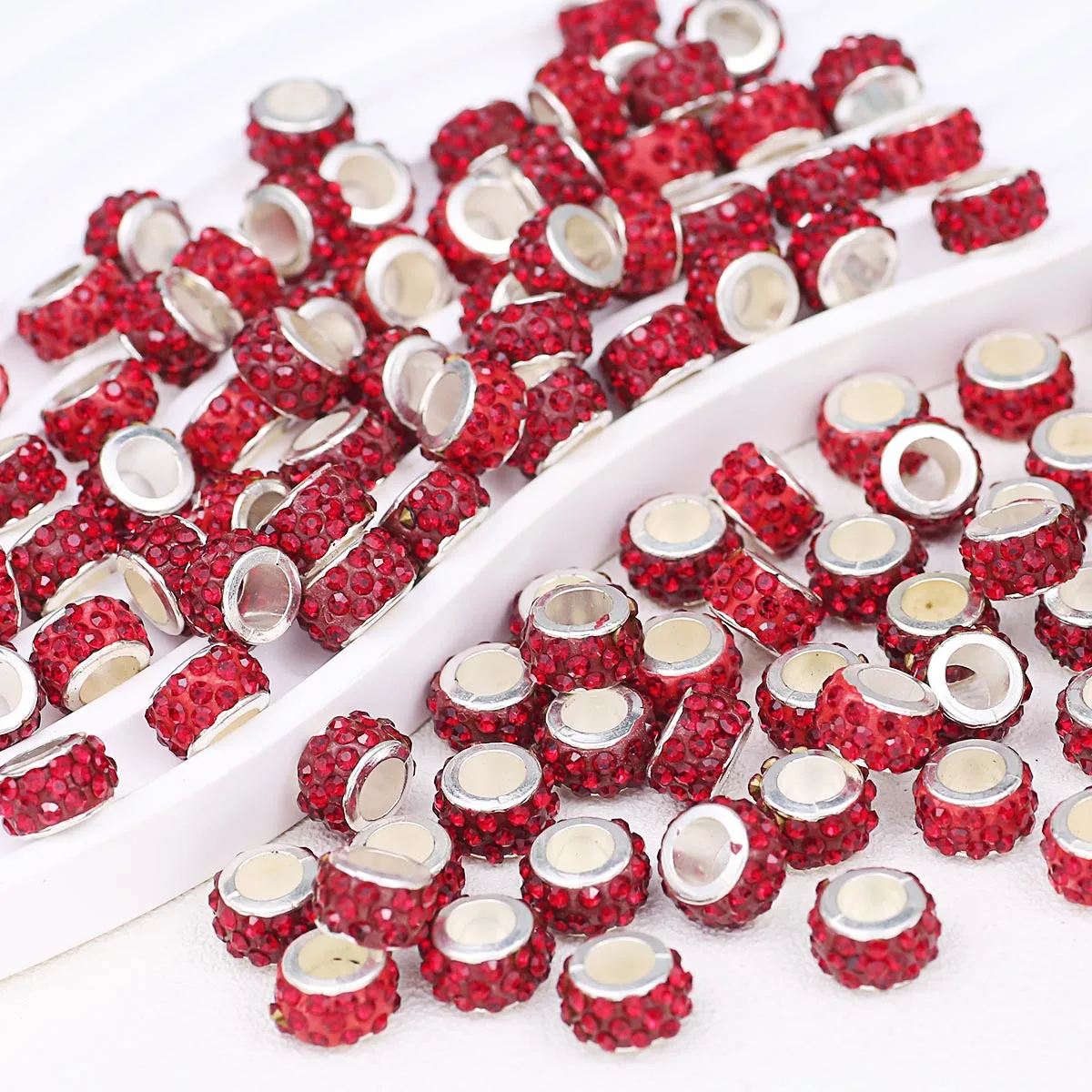 11mm Soft Clay Beads with Triple Rows of Diamonds Large Holes Silver Edging Deep Red Handmade DIY Jewelry Making Accessories