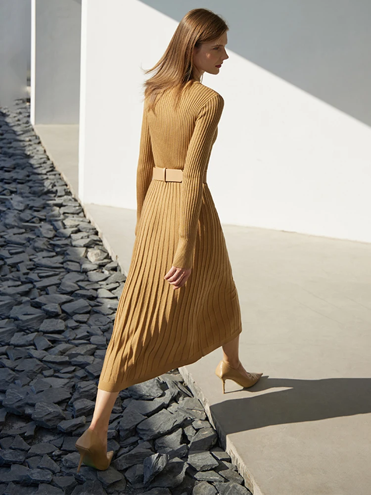 AMII Minimalist Dress Women 2023 Spring Elegant Slim Knitted dress Long Sleeve Pleated A-line Slim Midi dress Vestidos 12241399