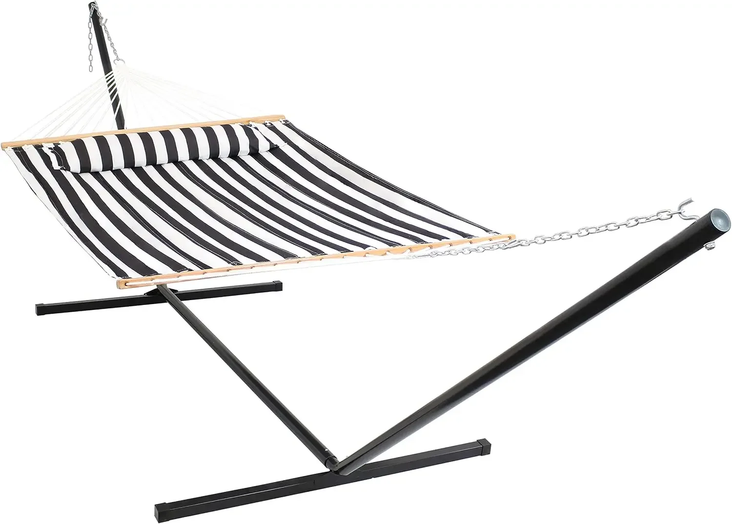 Sunnydaze Double Outdoor Hammock with Stand, Black & White | 400 lb Capacity Quilted 2 Person Hammock with Stand, Pillow