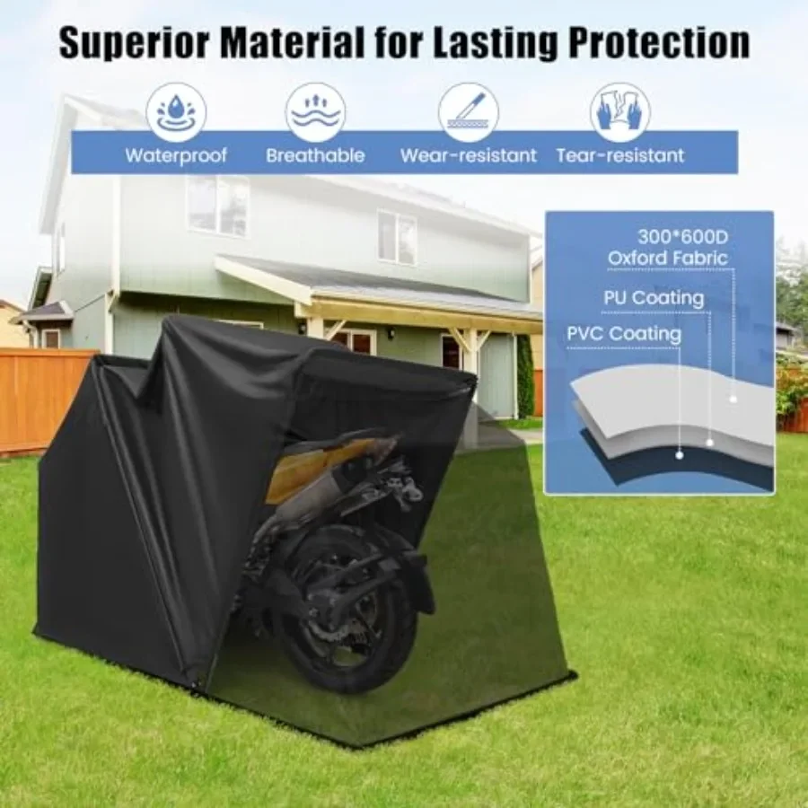 Motorcycle Storage Shed for outdoor use, 600D hard shell waterproof cover, black, flip-up design with 2 side ventilation window