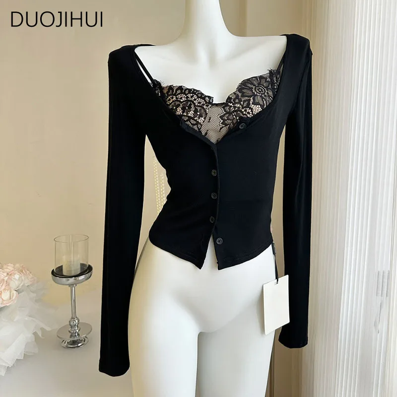 

DUOJIHUI Fake Two Piece Sexy Lace Spell Knitted Women Blouse New Contrast Color Fashion Button Simple Casual Slim Female Blouse