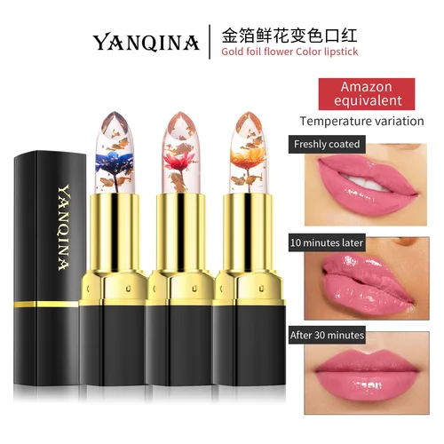 YANQINA Flower Color Changing Lipstick Moisturizing Nutritious Waterproof Crystal Translucent Color Lip Gloss Lasting Cosmetics 