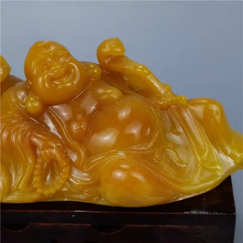 China Shoushan Stone Hand Carved Myth People Buddhism Money Bag Monk Maitreya Feng Shui Statue Ornamental Stone Porch Decoration