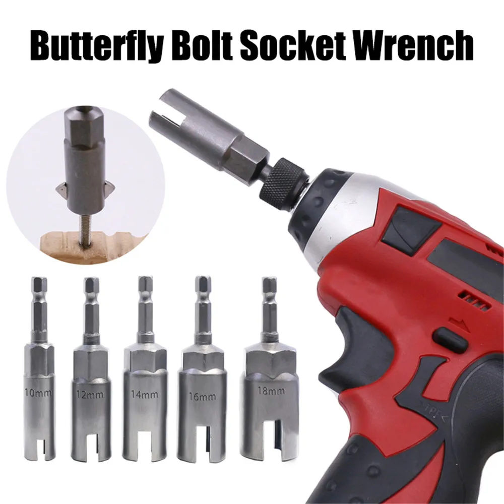 5Pcs 1/4 Inch Butterfly Bolt Socket Chrome Vanadium Steel 10/12/14/16/18mm Socket Wrenches Electric Screwdriver Accessories