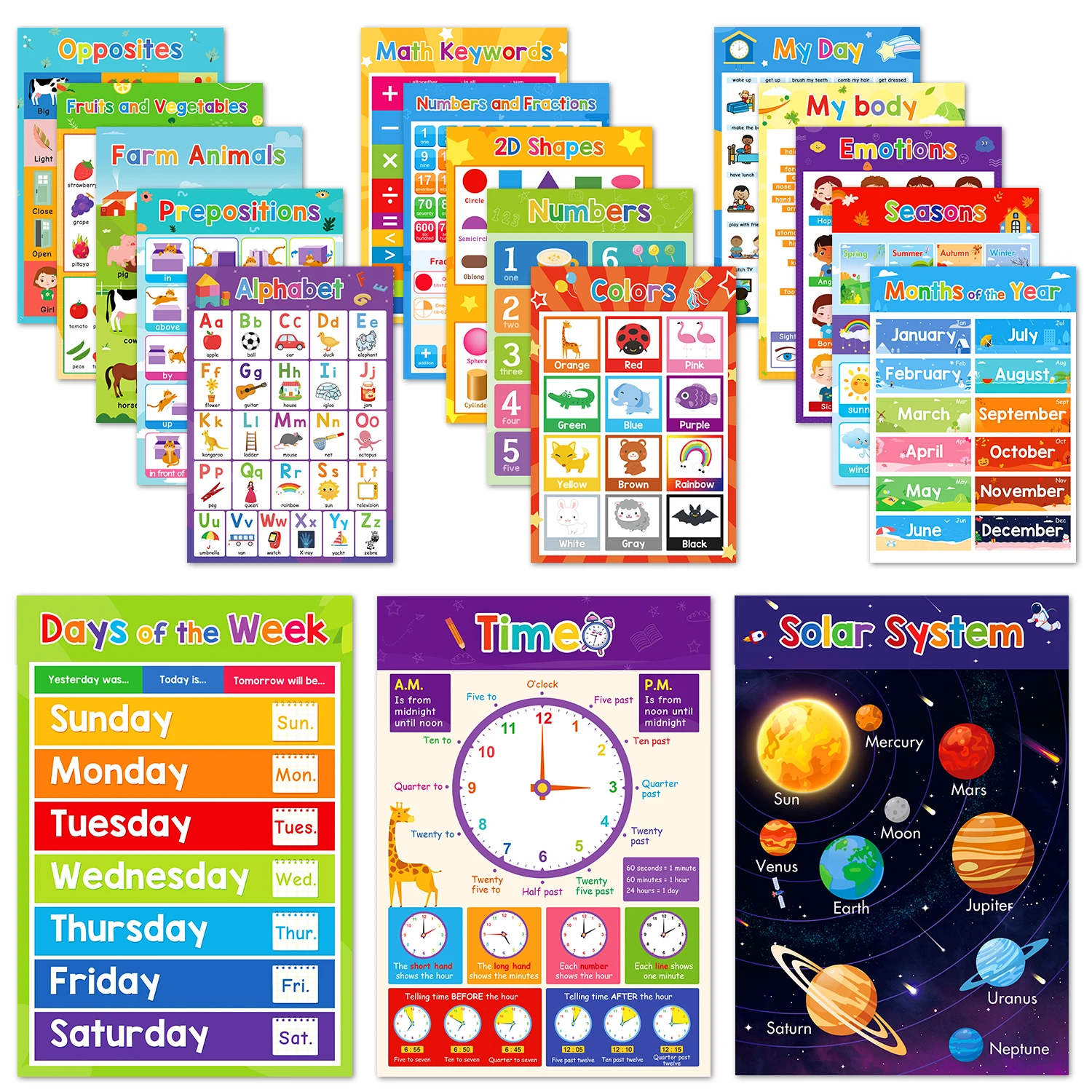 18 Homeschool Educational Learning Posters for Preschoolers Toddlers Kindergarten Wall Kids Poster Classroom Supplies Decor