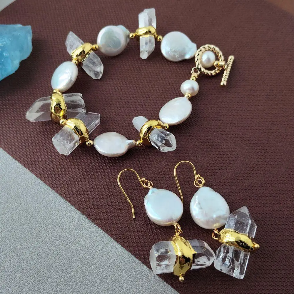 

Y·YING Freshwater Coin Pearl Clear Quartz Beaded Bracelet Earrings Set Party Holiday Jewelry