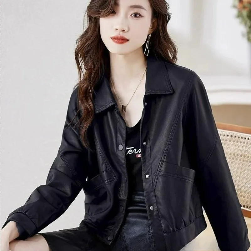Nuevas chaquetas de cuero informales de primavera y otoño para mujer, chaquetas de motocicleta de cuero Pu holgadas y adelgazantes, chaquetas cortas de moda