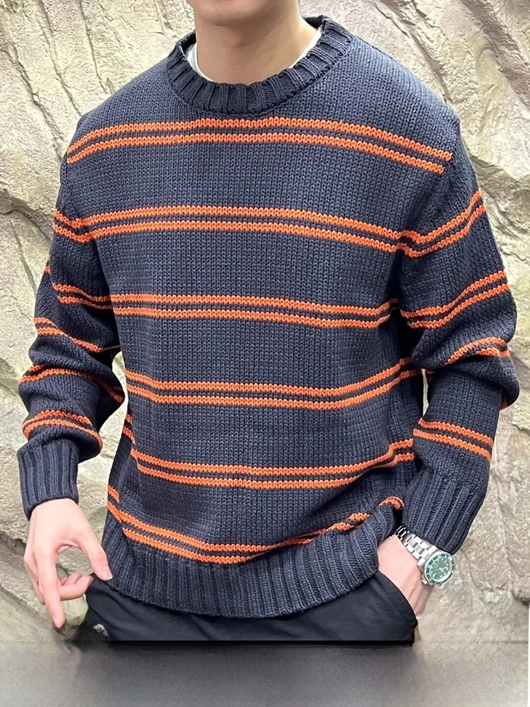 

Retro Striped Knitted Sweater Cozy Loose Fit round Ne Men's Autumn Faion Casual Luxury Sle Long Sve Skin-friendly