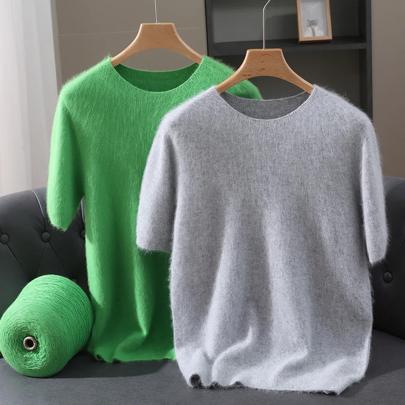 

Autumn And Winter New Round Neck Wool Short Sleeve Men's Loose Pullover Sweater Cashmere Knitted Five-Point Sleeve Top