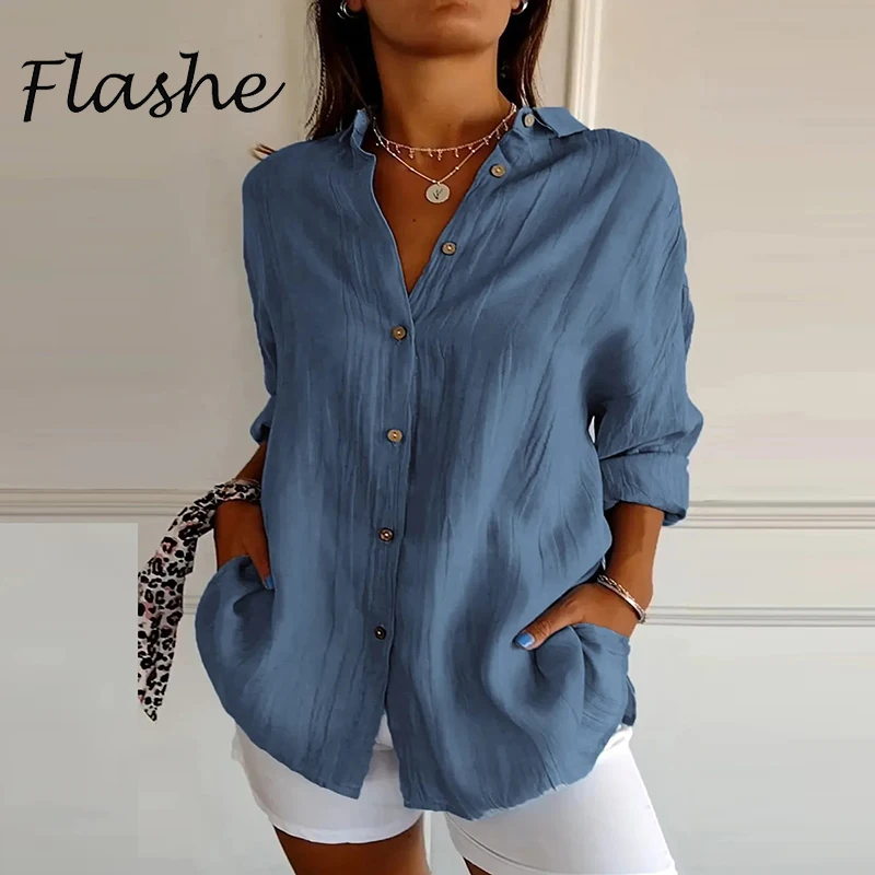 Spring Autumn Solid Casual Shirt Women Turn Down Collar Long Sleeve Button Up Blouses For Women Loose Tops