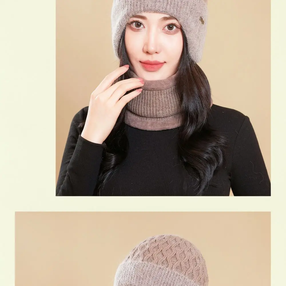 Women Winter Warm Knit Cap Thick Plush Lined Earflap Scarf Integrated Beanie For Grandma Mom Outdoor Cold Protection Gear