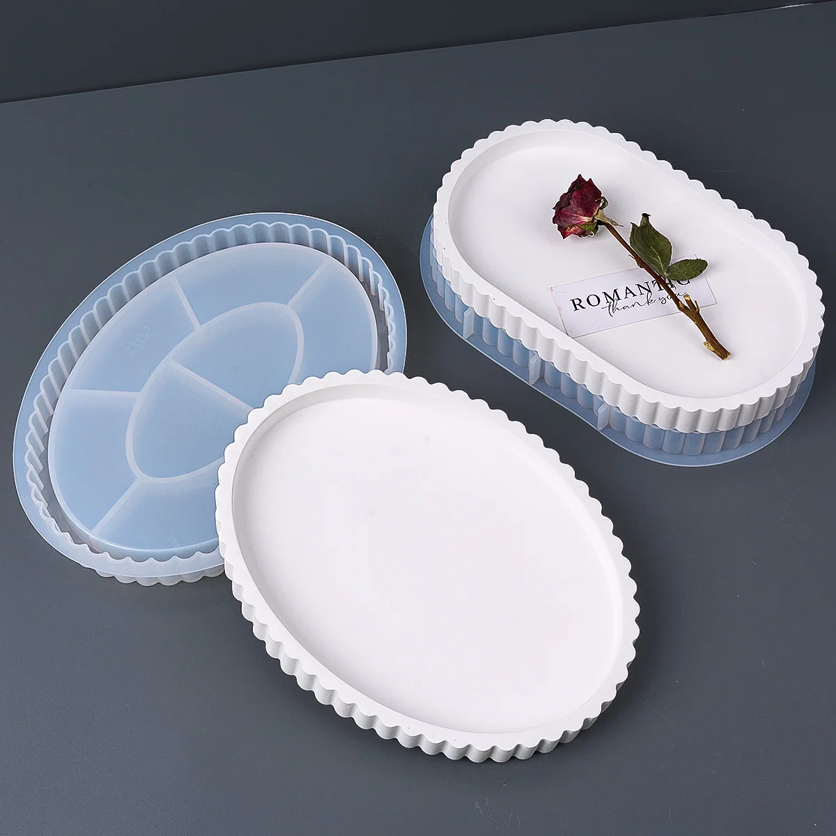 DIY Concrete Tray Silicone Mold Round Stripe Oval Gear Lace Storage Tray Coaster Vase Base Gypsum Resin Molds Home Decoration view 6