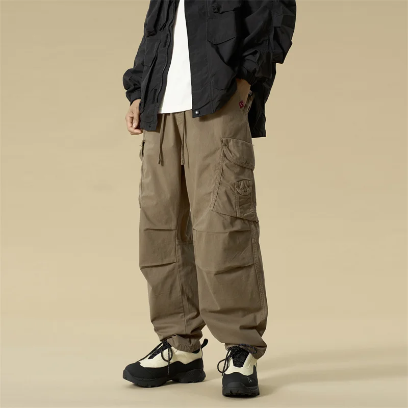 الخريف الشتاء هونغ كونغ نمط الرجال سراويل تقليدية فضفاضة واسعة الساق القطن مستقيم الساق مرونة الخصر المألوف في سن المراهقة الحجم #2