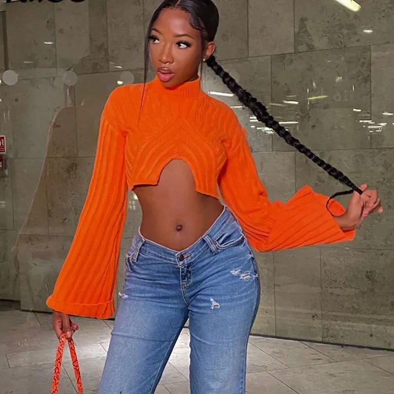 Knitted Women Crop Sweaters Solid Long Flare Sleeve Crop Top Outfits 2024 Autumn New Popular Streetwear Sexy Club Party Jumpers