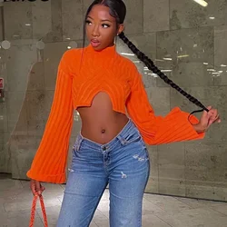 Knitted Women Crop Sweaters Solid Long Flare Sleeve Crop Top Outfits 2024 Autumn New Popular Streetwear Sexy Club Party Jumpers