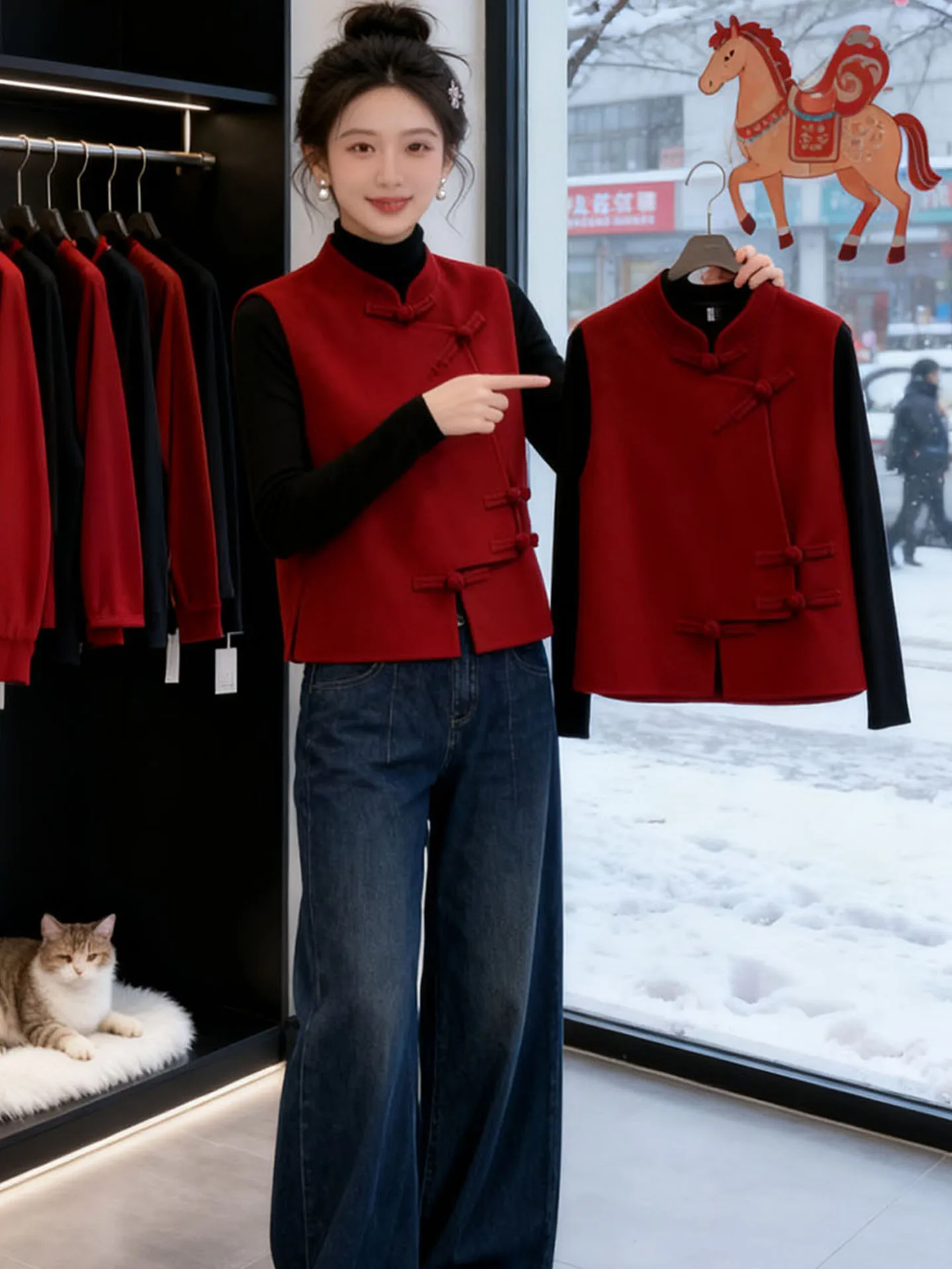 

Red Chinese Sle Set for Women ort Sve Stand Collar Jaet Outerwear Faionable New Year's Outfit High Waist Pants